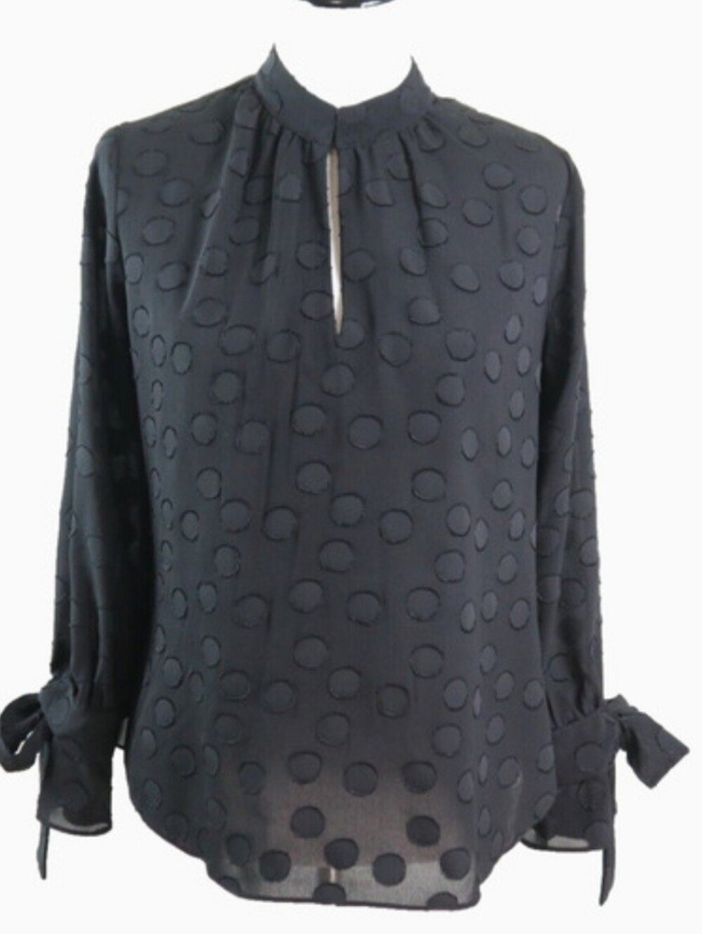Ann Taylor Georgette Blouse With Sleeve ties In Black Polka Dot Print Size Small